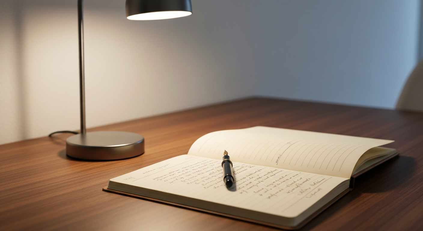 Clean minimal desk setup with a thoughtfully written message on screen