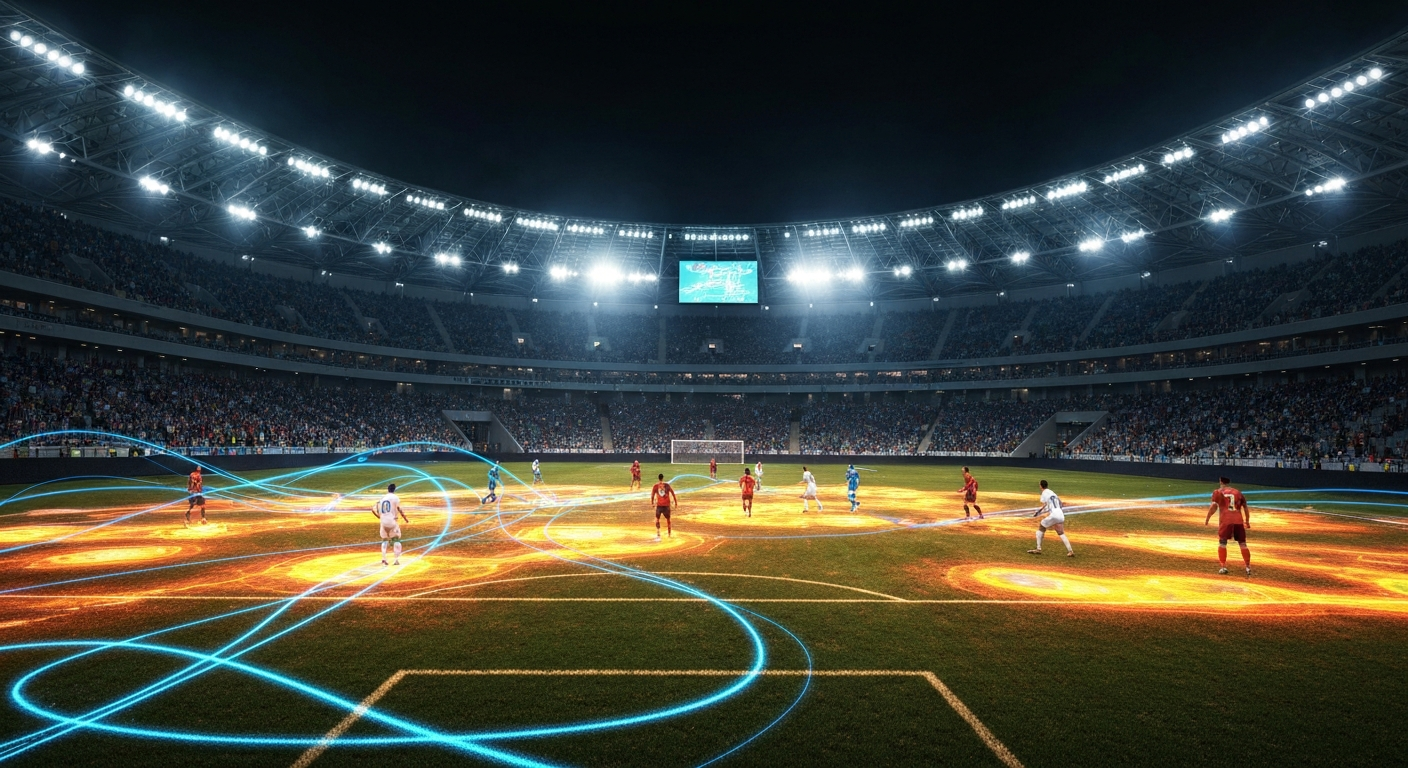 Futuristic football stadium at night with AI data overlays and glowing pitch lines