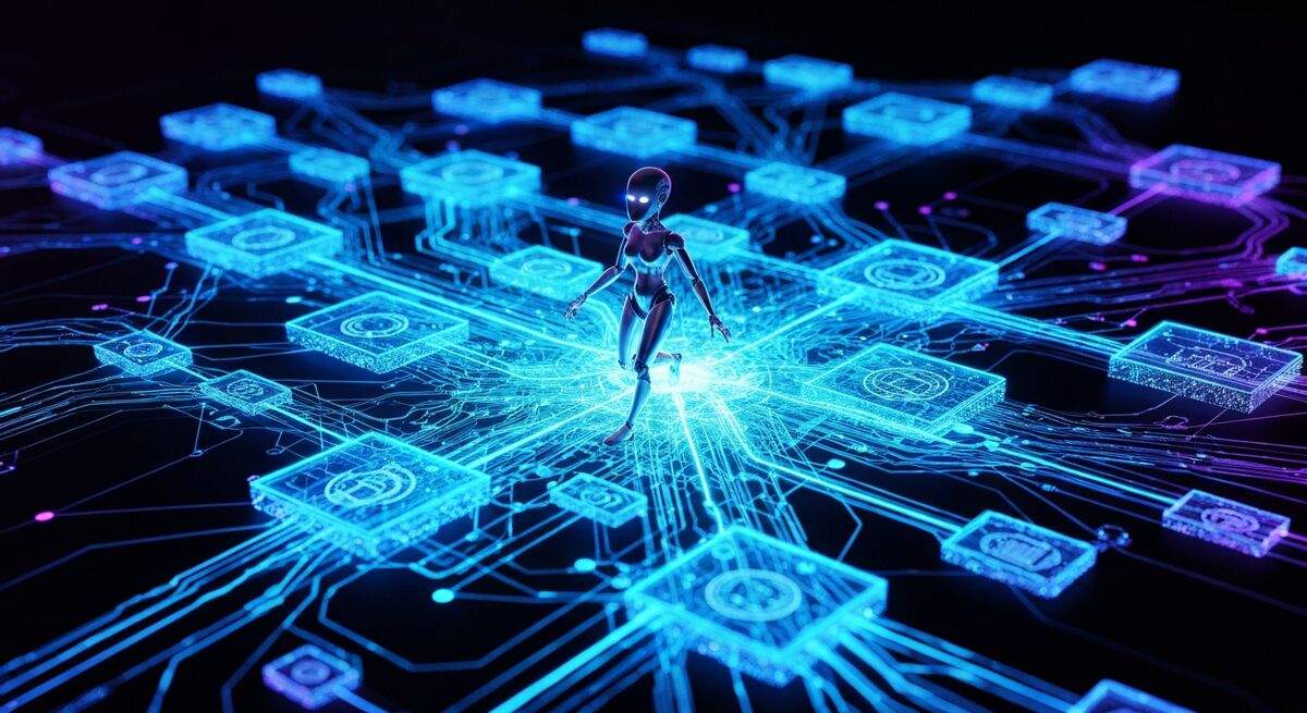 An abstract visualization of an AI agent navigating a network of tasks and decisions