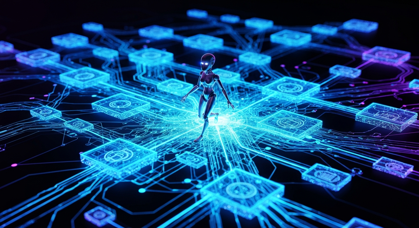 An abstract visualization of an AI agent navigating a network of tasks and decisions
