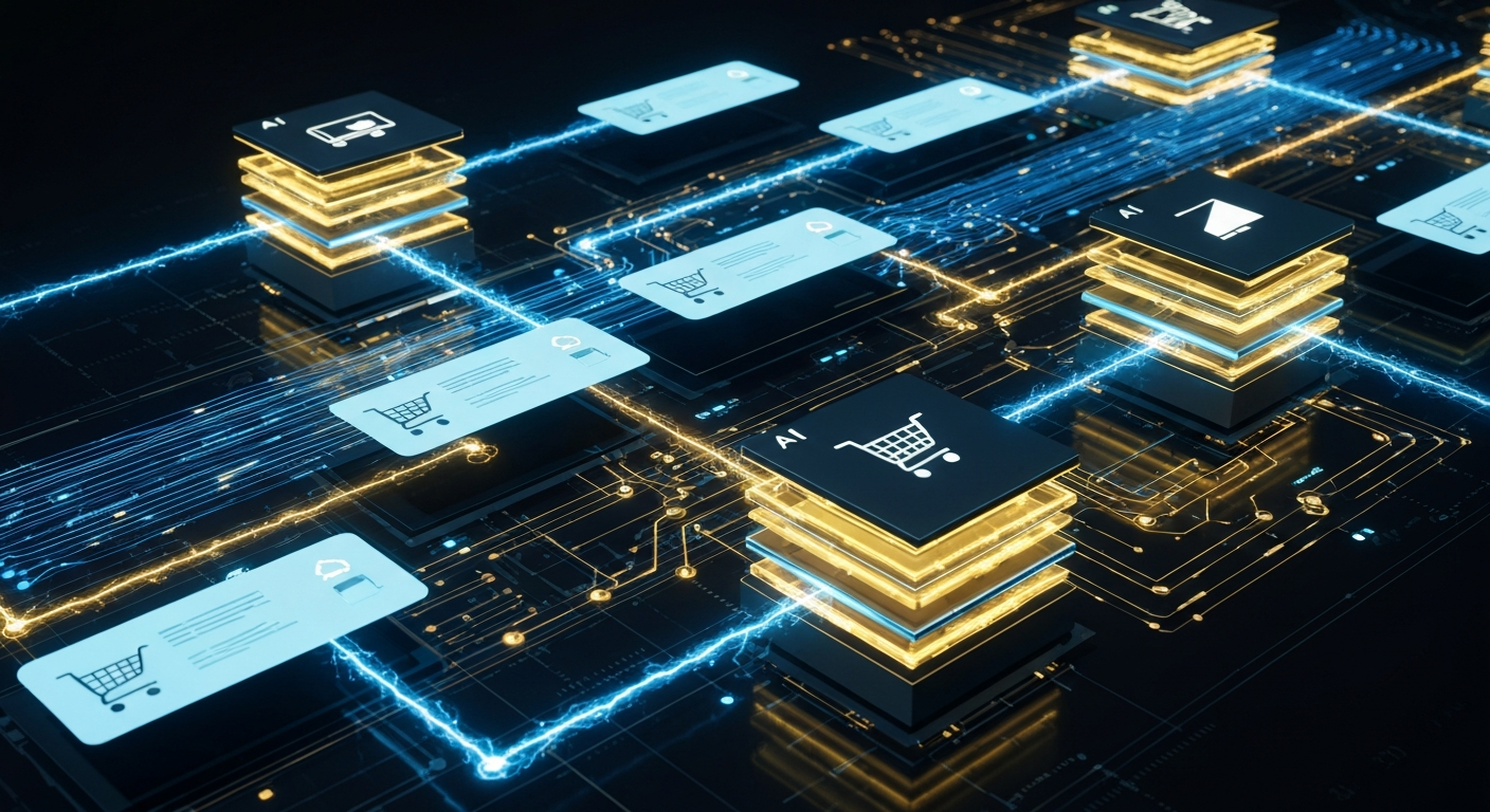 Futuristic ecommerce platform architecture with glowing AI nodes and data flows