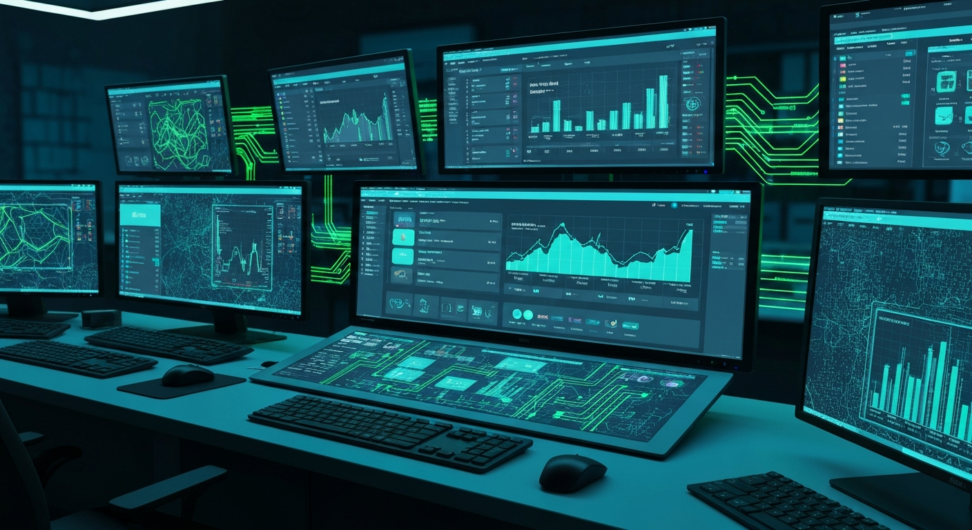 A futuristic AI-powered ecommerce dashboard with real-time sales data and glowing promotional banners