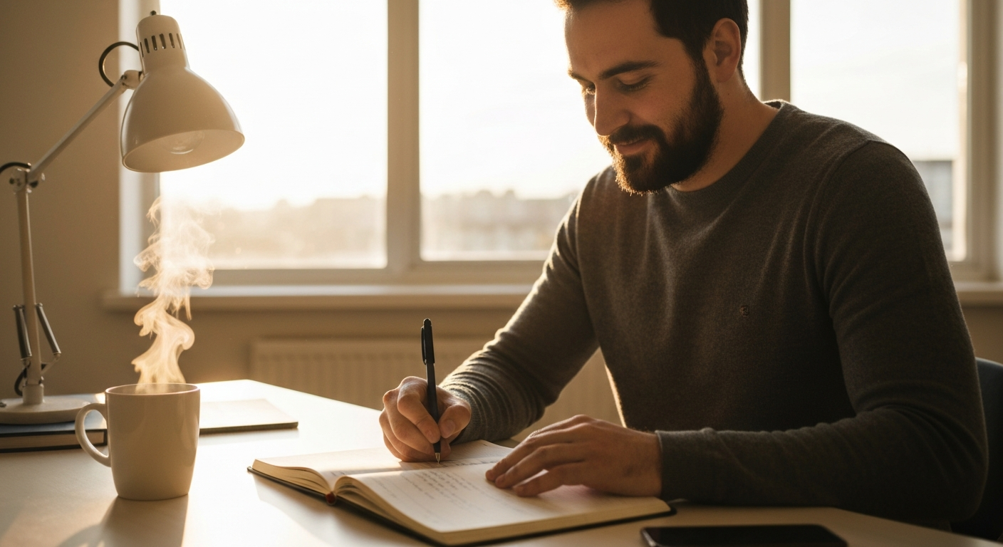 A person in quiet focused concentration at a minimal desk with soft morning light