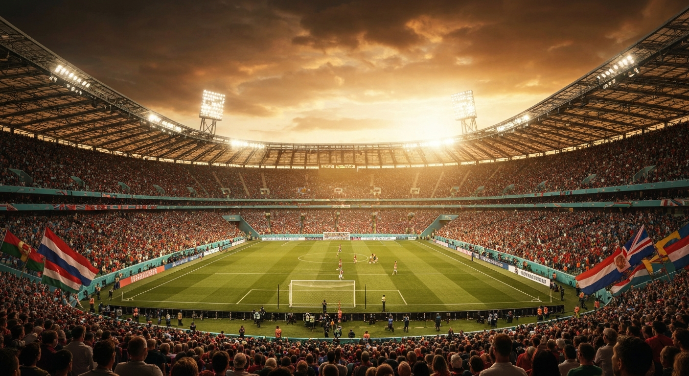 A packed football stadium at dusk with colorful national flags in the crowd