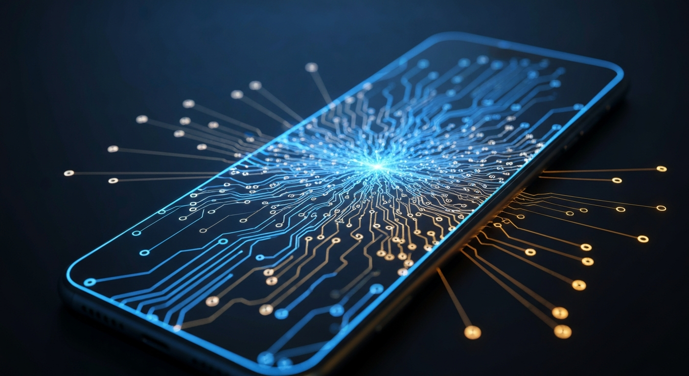 A smartphone glowing with abstract neural network patterns against a dark background