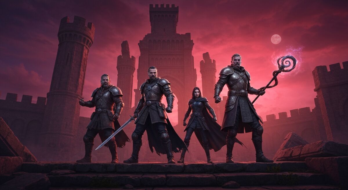 Three adventurers standing on a crumbling fortress under a darkened sky