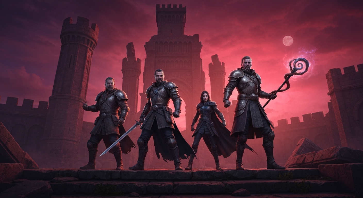 Three adventurers standing on a crumbling fortress under a darkened sky