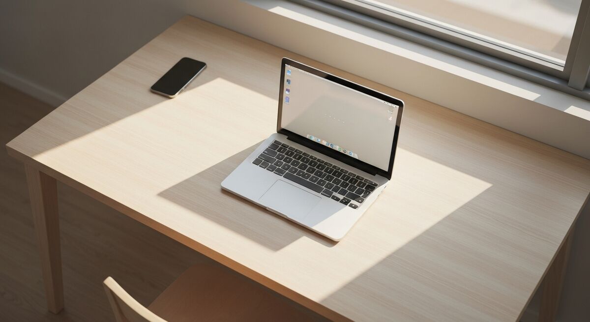 A clean desk with a single laptop, morning light, and no phone in sight
