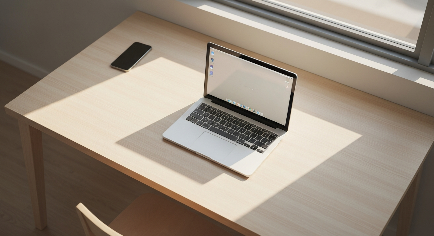 A clean desk with a single laptop, morning light, and no phone in sight