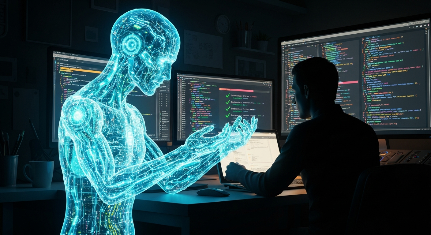 An AI agent made of light working alongside a developer at a multi-monitor workstation showing code and passing tests