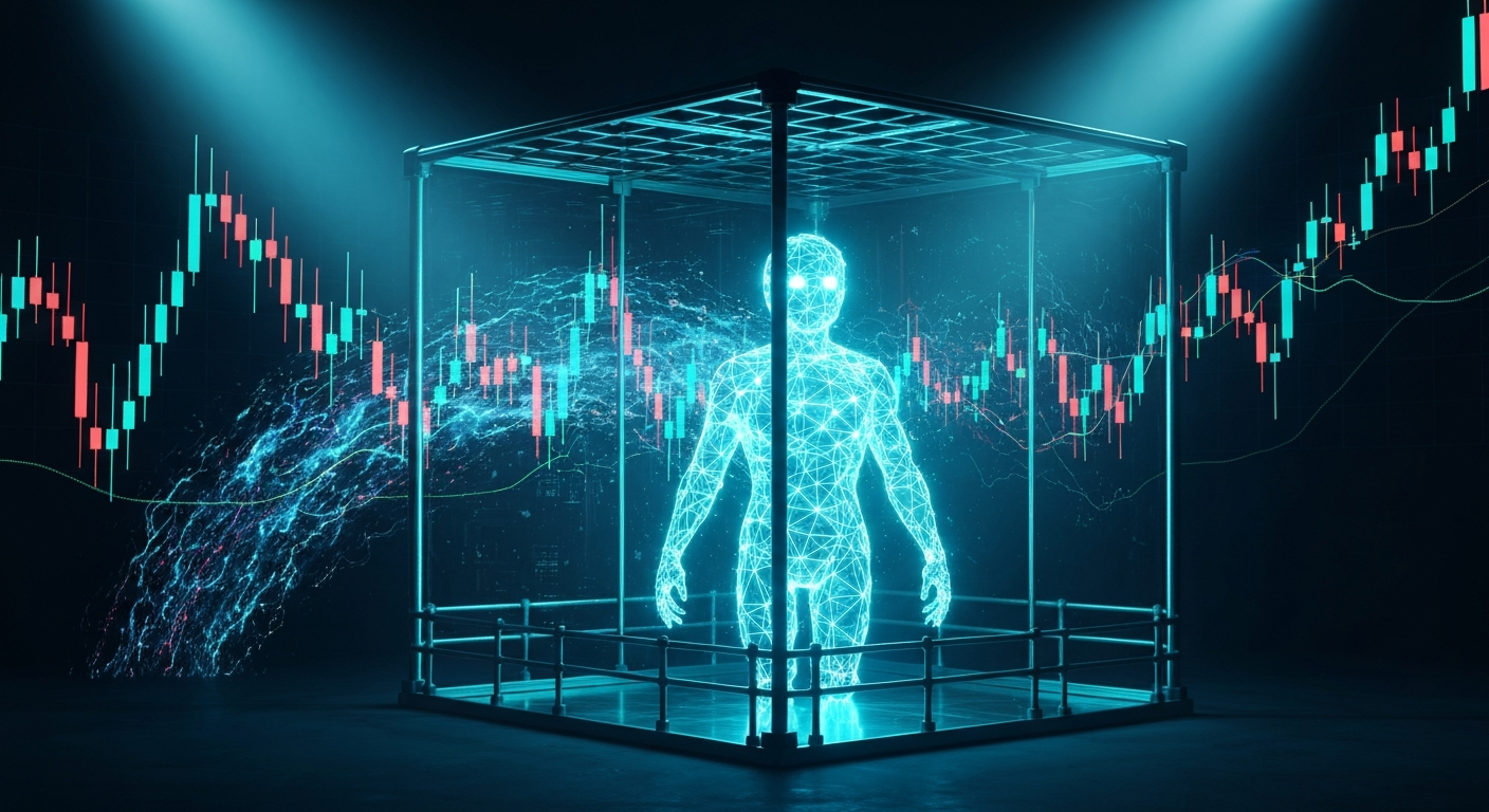 A glowing AI agent contained inside glass guardrails while market chart storms swirl outside
