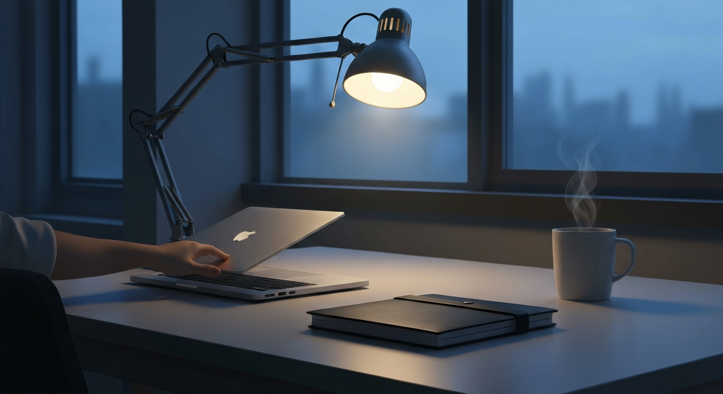 A laptop being gently closed on a calm desk at dusk with a warm lamp and a mug