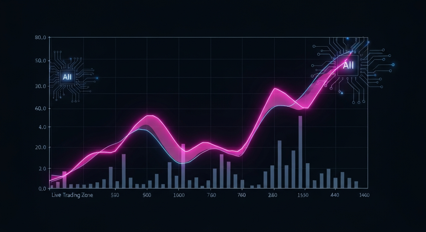 A backtest equity curve rising smoothly then crashing as it crosses into live trading