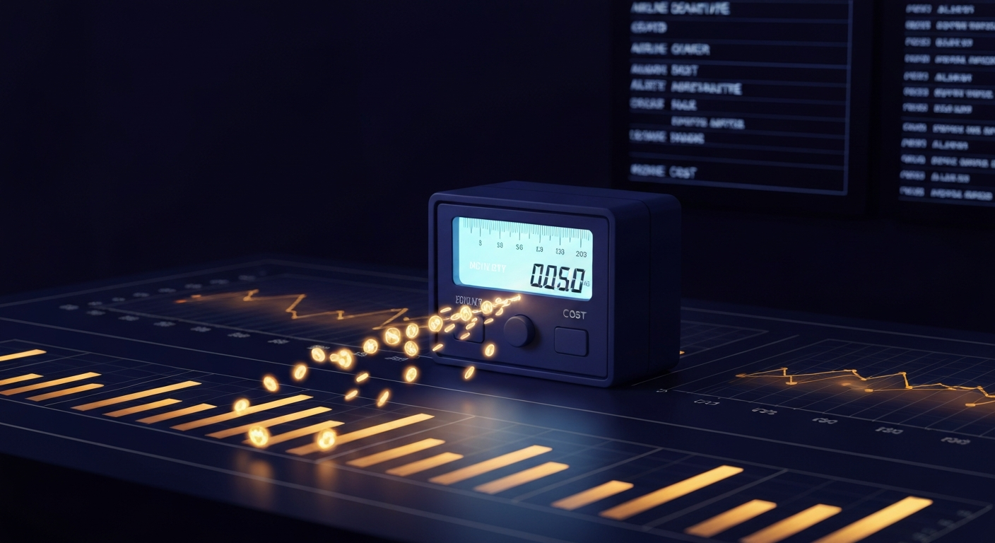 A glowing digital utility meter measuring streams of data tokens against a cost-dashboard backdrop