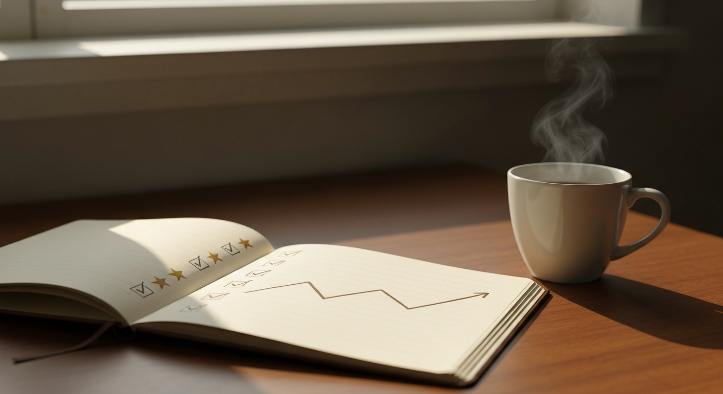 An open notebook marked with small gold stars in warm morning light beside a coffee cup