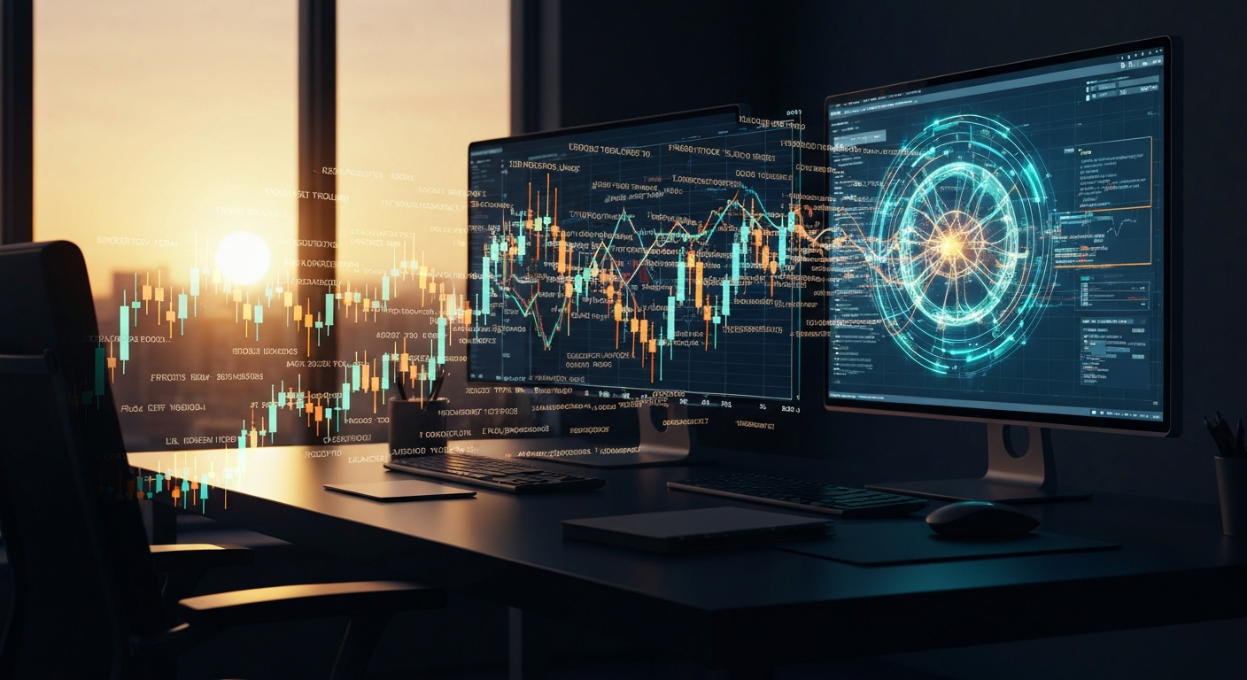 A trading desk where news headlines dissolve into charts, parsed by an abstract AI glow