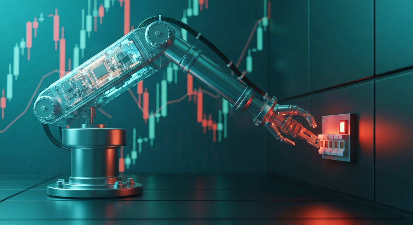 A robotic arm reaching for a glowing red circuit-breaker switch as candlestick charts freeze mid-fall