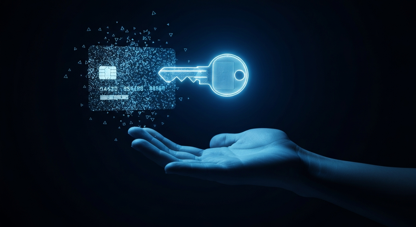 A glowing translucent digital valet key of light hovering above an open hand, a credit card silhouette dissolving into encrypted particles behind it