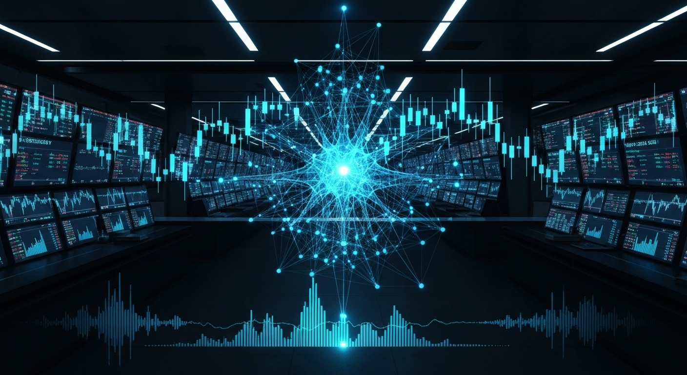 Dark cinematic trading floor with a glowing AI neural network overlaying stock charts and an earnings call soundwave