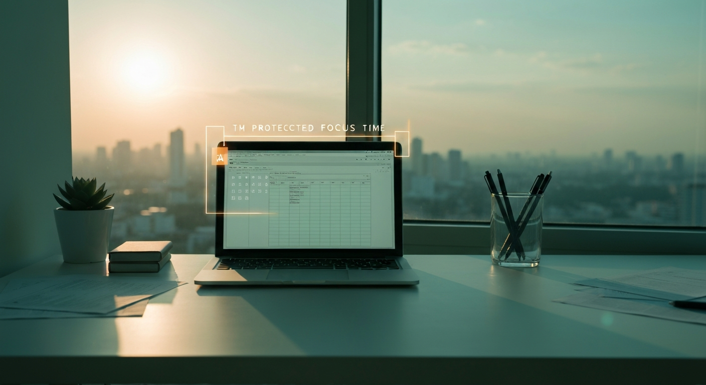 Minimalist desk at dawn with a glowing digital calendar hologram blocking out protected focus time above a laptop