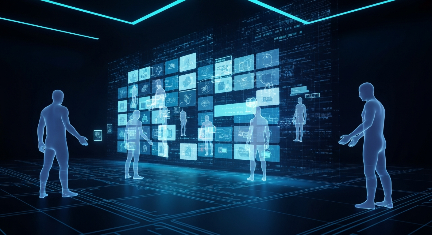 Dark futuristic e-commerce control room with translucent AI agent silhouettes querying a glowing storefront of floating product tiles