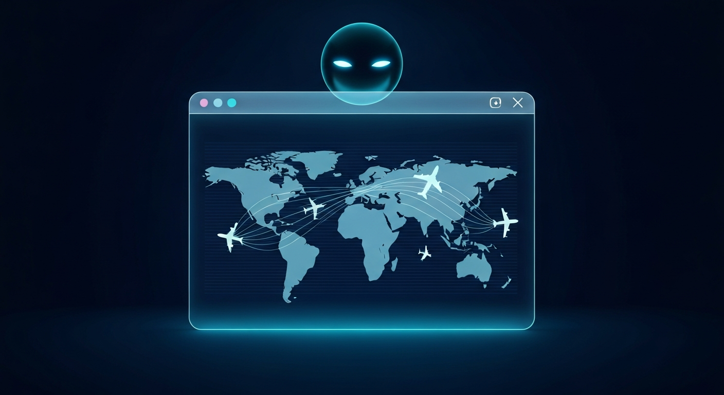 Illustration of an AI browser agent rebooking a flight, glowing blue neural threads flowing across a stylized world map