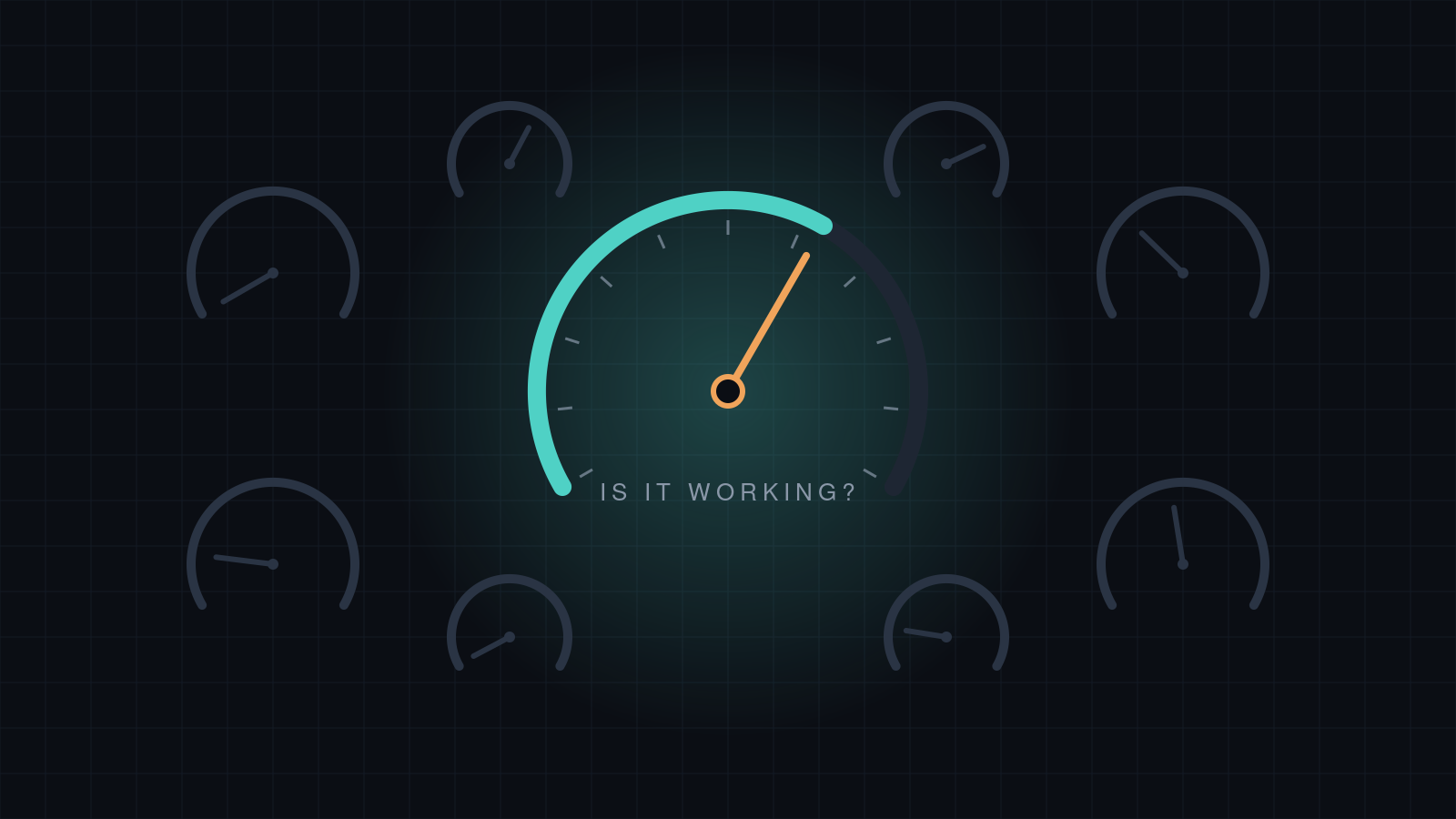 A single lit precision gauge glowing in a dark field of dim, unreadable dials