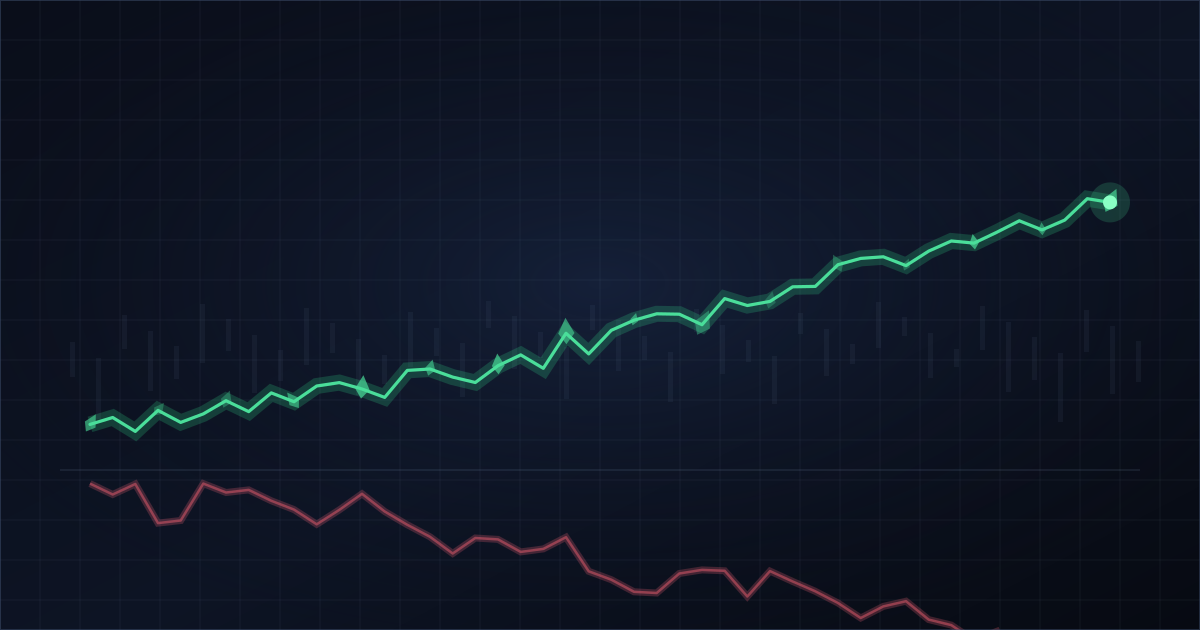 A glowing upward equity curve made of mirror shards, with a jagged falling reflection beneath it