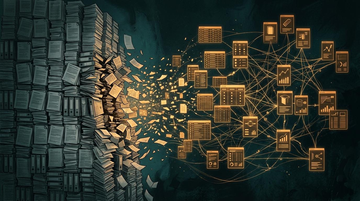 A dark archive where a wall of identical paper documents dissolves into a glowing lattice of structured product records and connecting lines