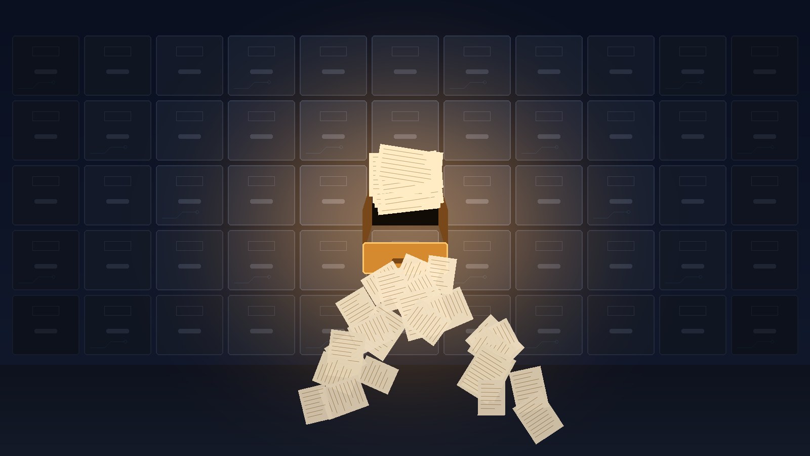 A vast archive of filing drawers, most of them empty, with a single narrow drawer glowing and overflowing with paper