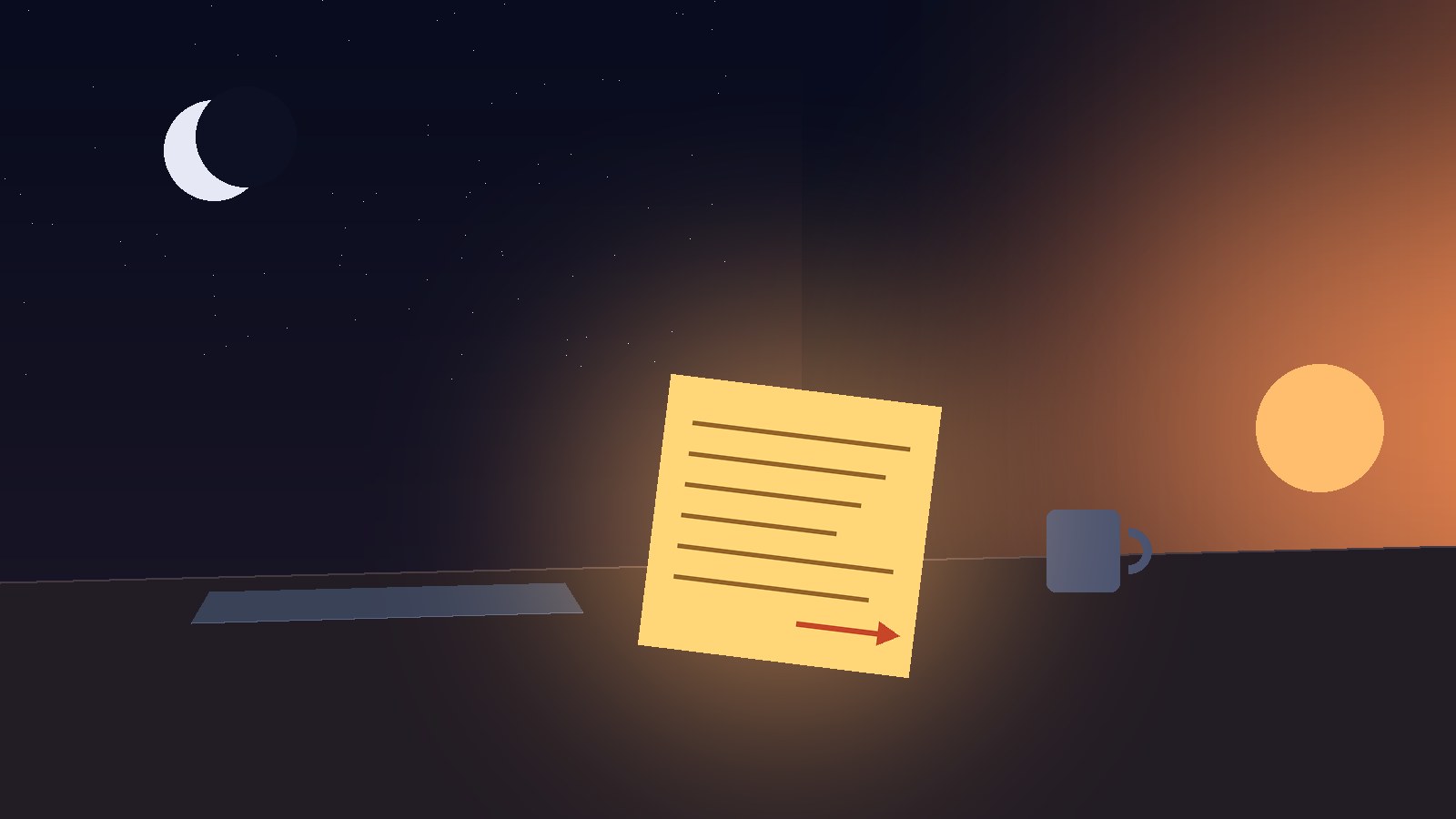 A glowing sticky note with an arrow resting on a desk beside a closed laptop, as night gives way to dawn