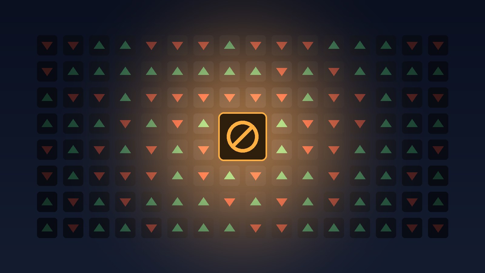 A grid of up and down trade signals with one tile in the centre glowing amber with a no symbol