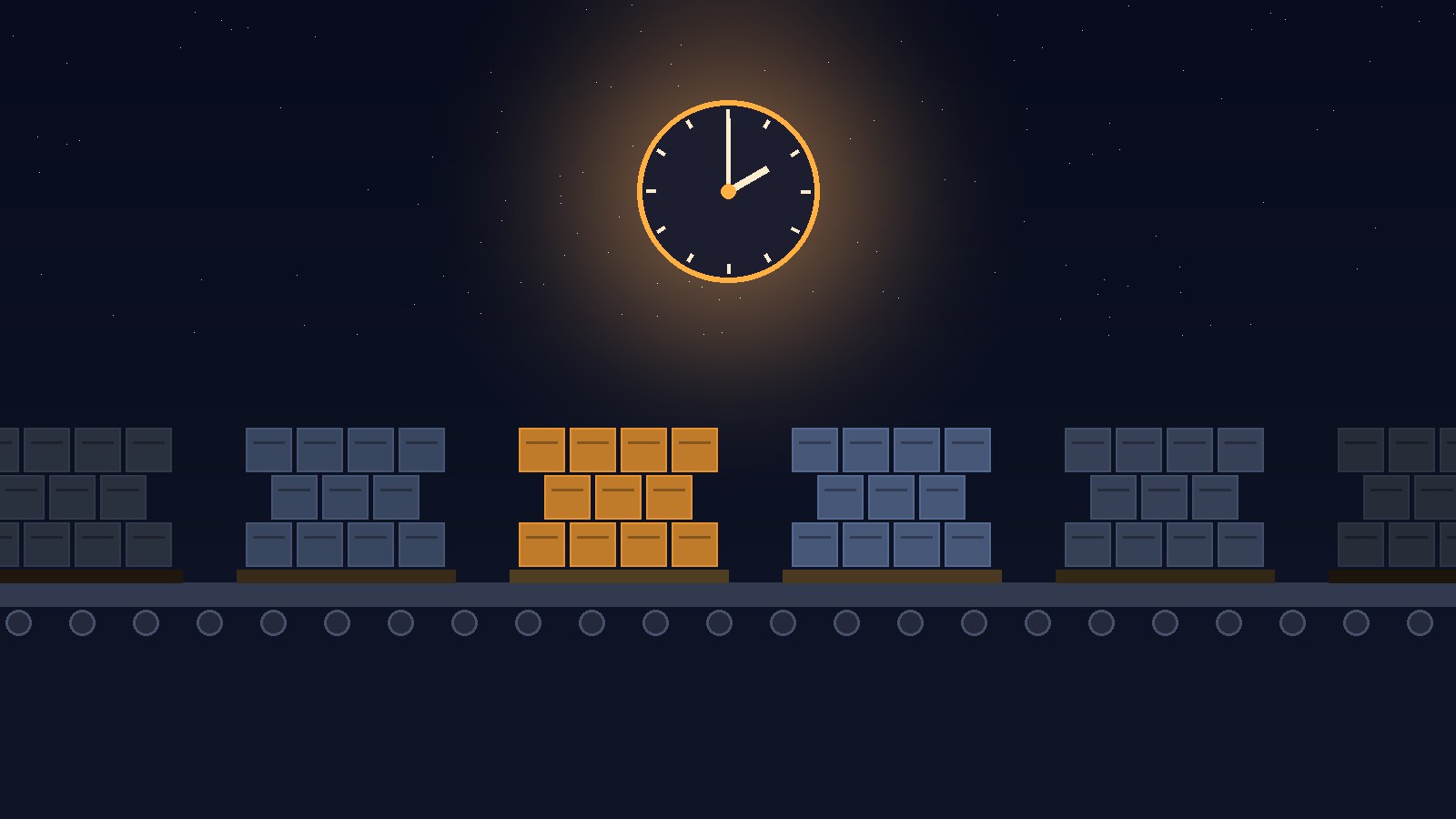 Trays of stacked data crates moving along a conveyor at night beneath a glowing clock at two o'clock