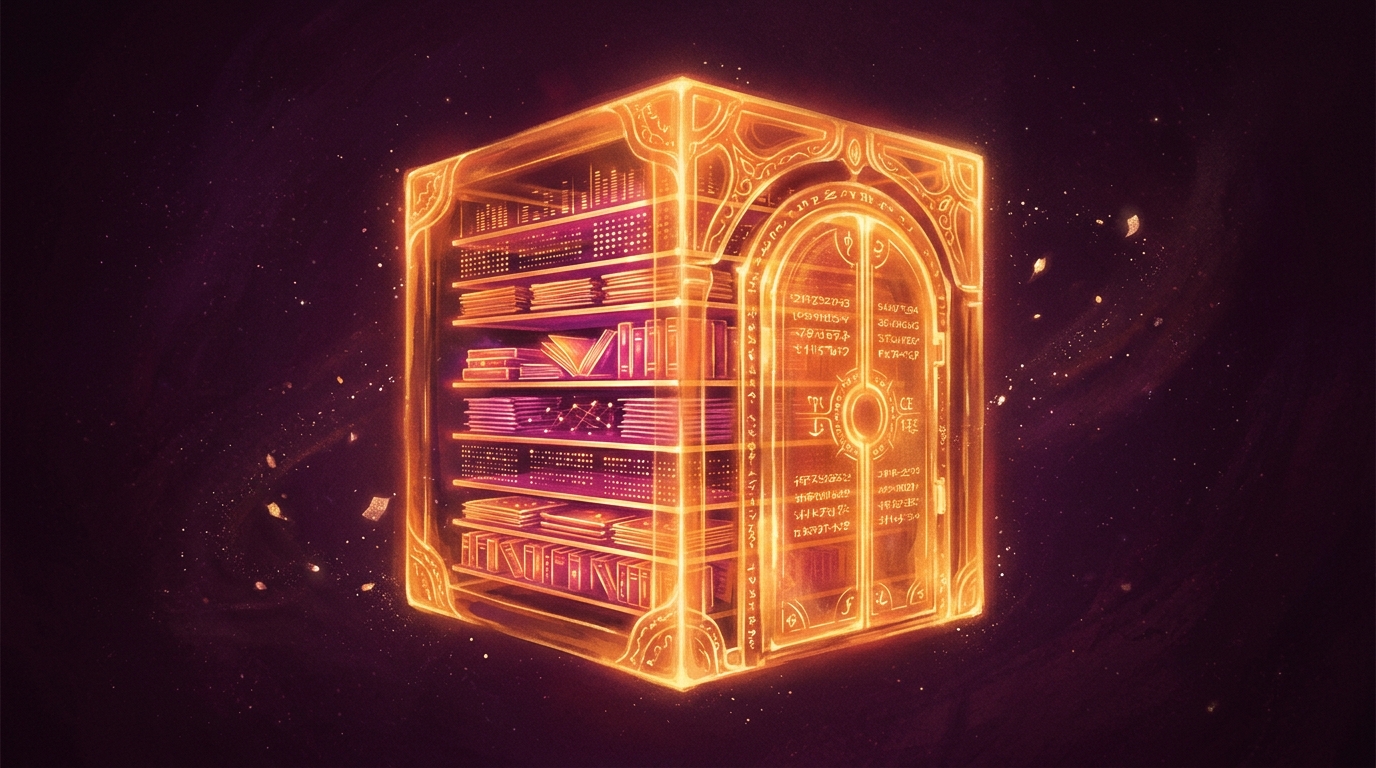 A glowing amber vault holding stacked bars of preloaded knowledge, with faint loose particles kept outside