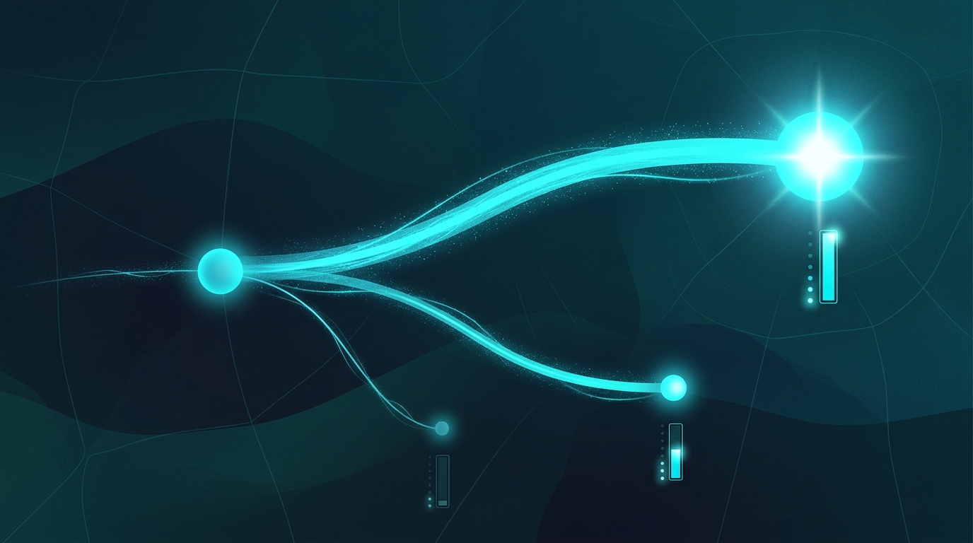 A single glowing node splitting into three routes of different thickness, each ending in a probability bar