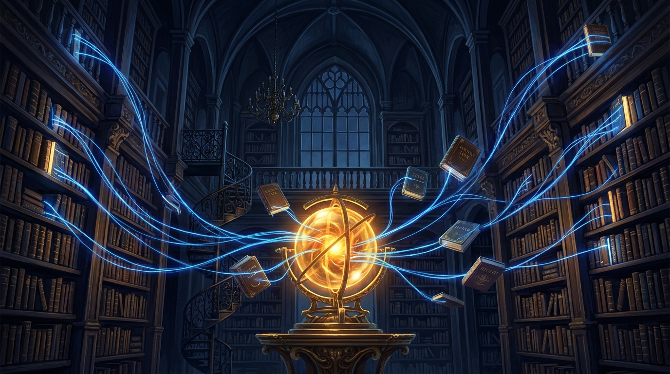 Glowing blue lines pulling relevant volumes from two dark bookshelves toward a bright amber lens at the center