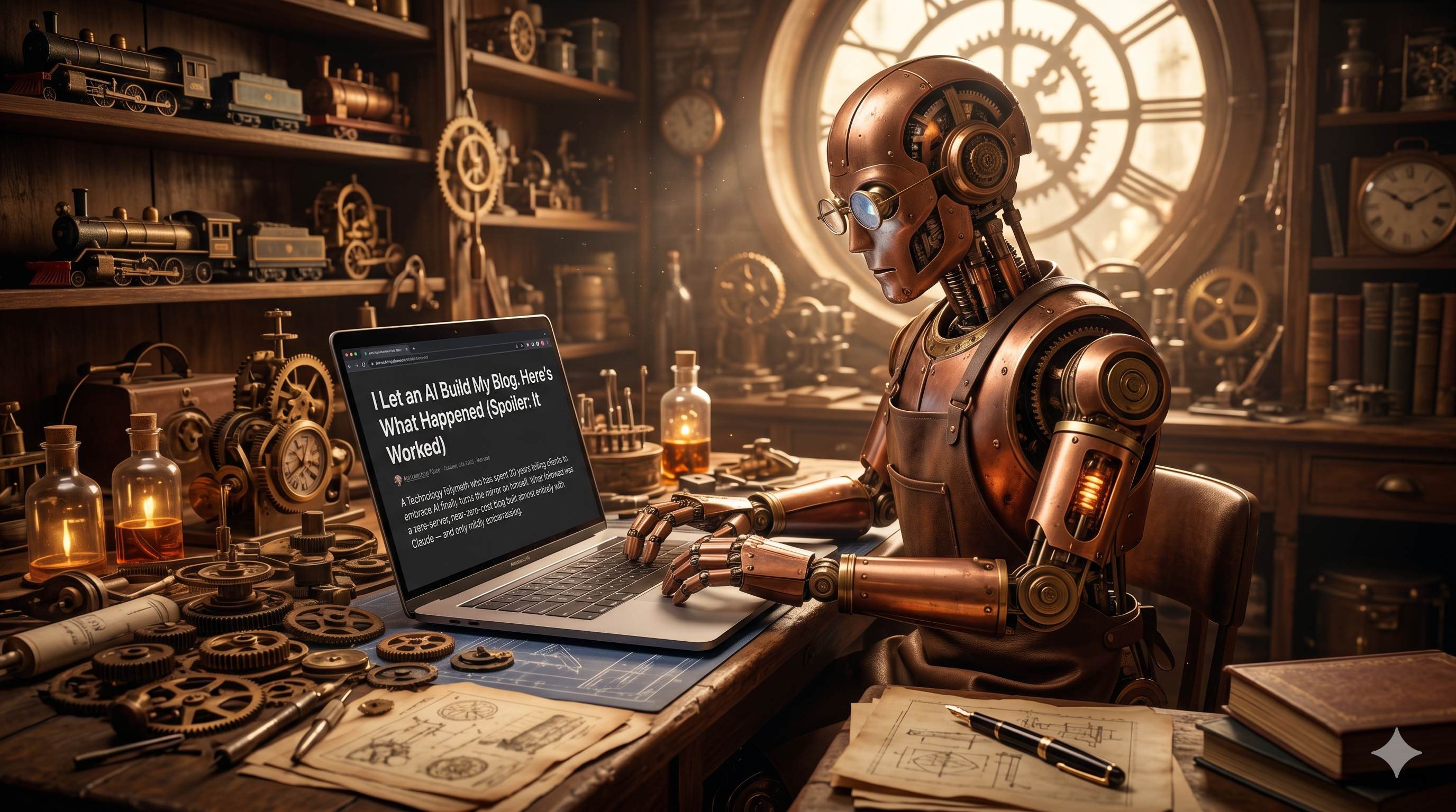 A steampunk robot sits at a workshop desk, typing on a laptop displaying this very blog post — a fitting metaphor for AI-assisted creation