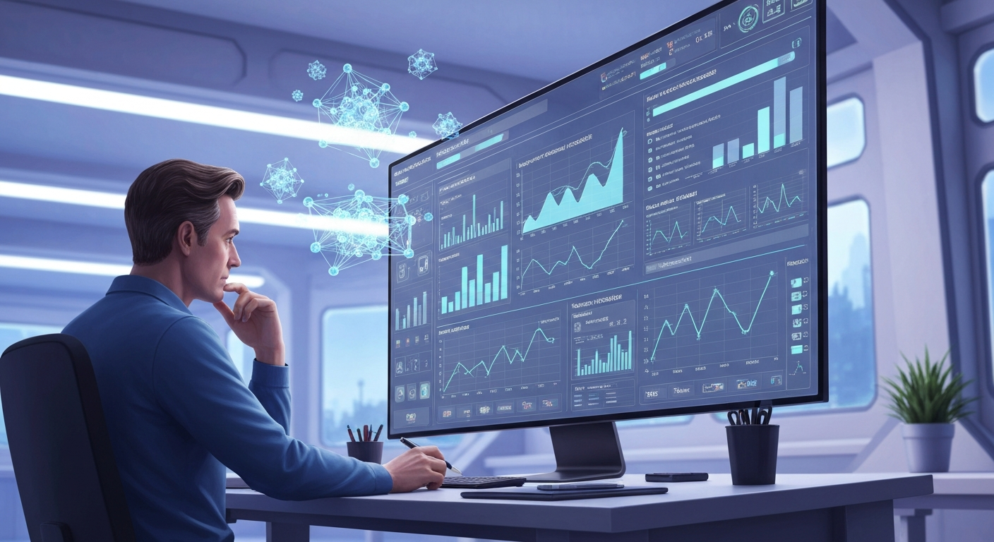 Engineer reviewing AI feature performance metrics on a futuristic production dashboard