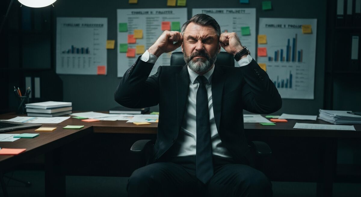 Man throwing papers in the air at his desk, feet up, completely given up on the project plan