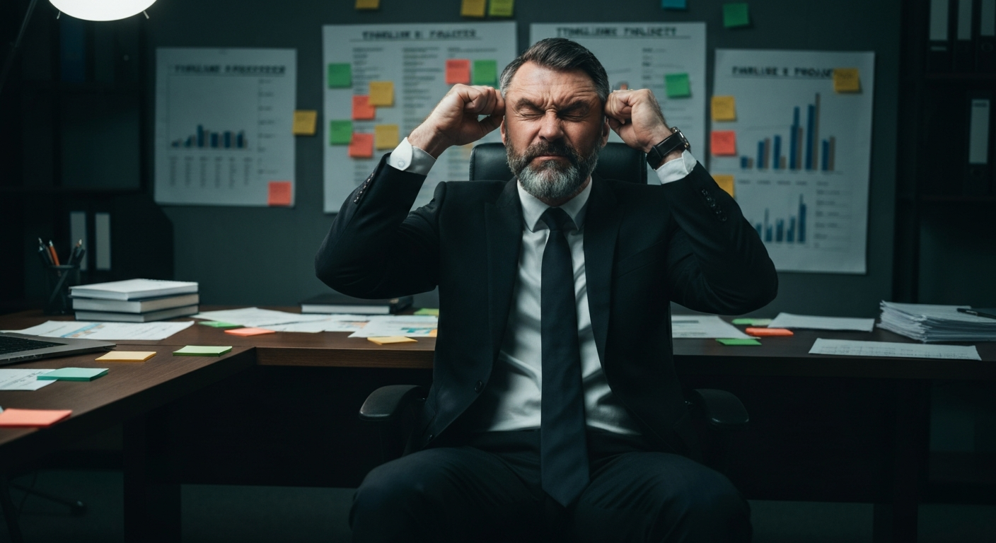 Man throwing papers in the air at his desk, feet up, completely given up on the project plan